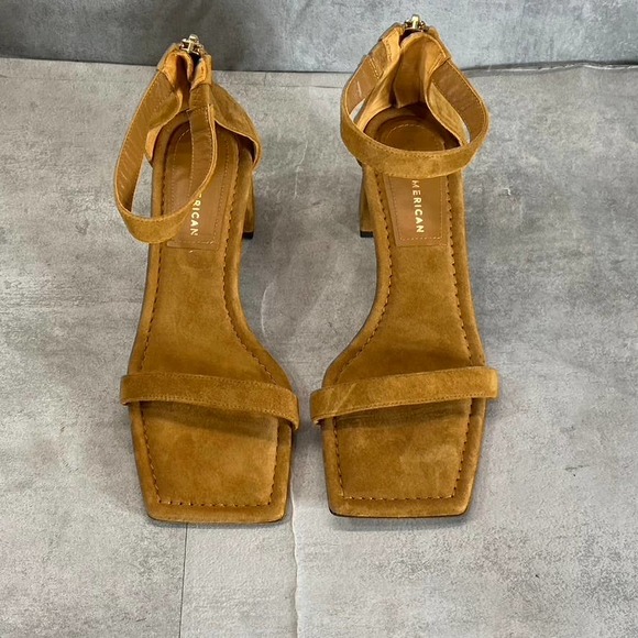 Good American Women's Amber Tan Square-Toe Ankle-Strap Block-Heel Sandals SZ 6 - Picture 4 of 11